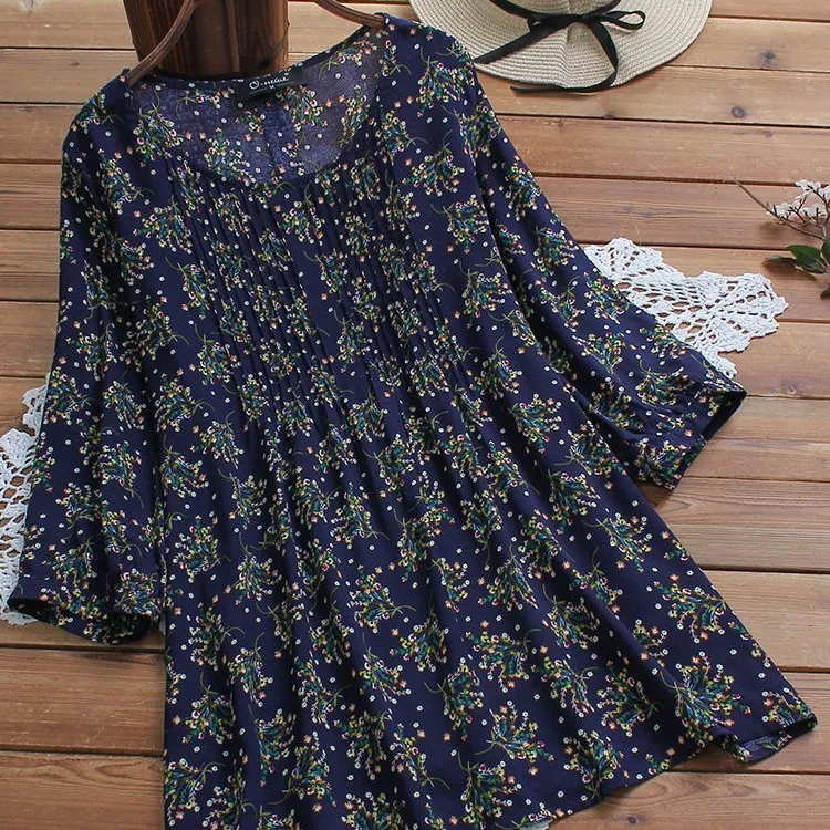 Floral Oversized Women's Shirt With Printed Pleated O-neck - Navy