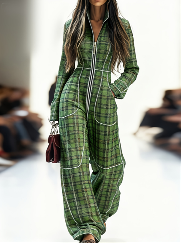 Zippered Long-sleeved Casual Wide-leg Jumpsuit