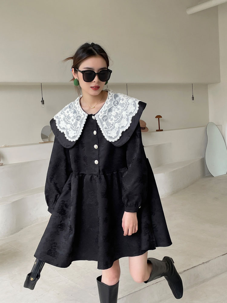 Lace Double Doll Collar Jacquard Dress