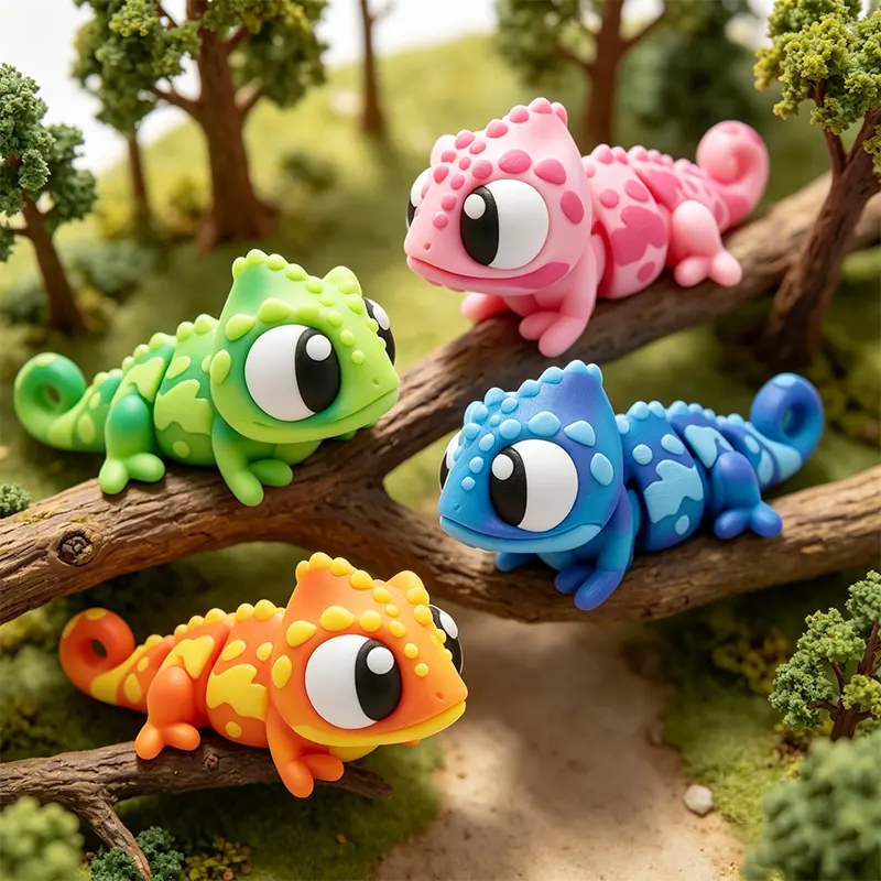 3D Printed Chameleon Figurine Set, Articulated Flexible