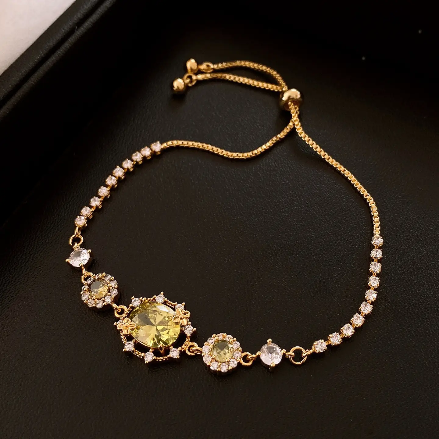 18K Gold Filled Colorful Oval CZ Drawstring Bracelet Luxury Slider Bangle Dainty Wrist Jewelry For Ladies