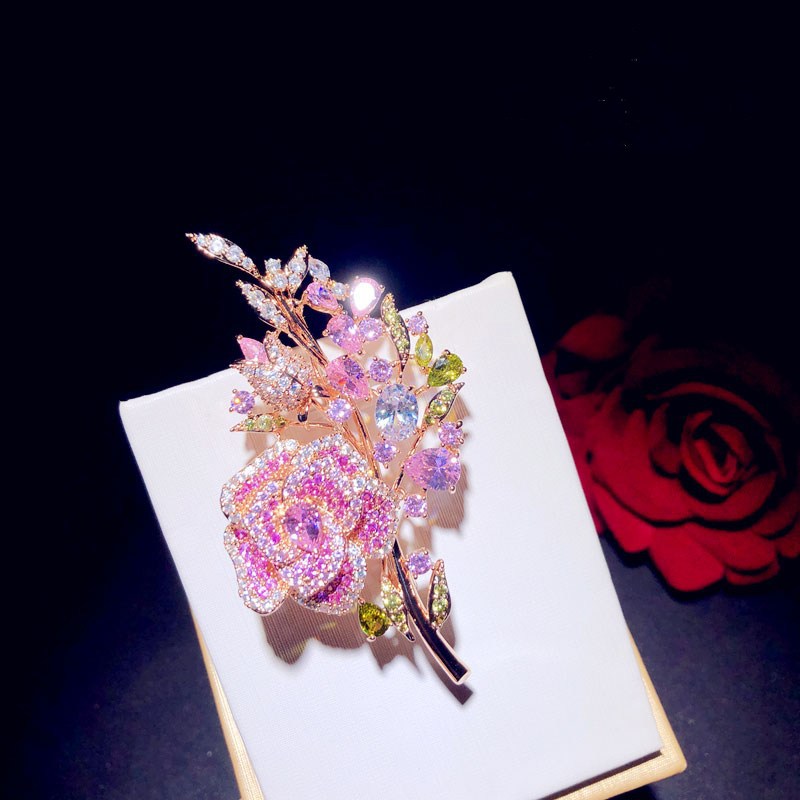 Zirconium Full Diamond Rose Bouquet Brooch Gold - Shop at LoveMi