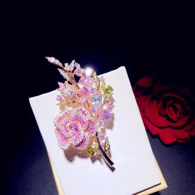 Zirconium Full Diamond Rose Bouquet Brooch Gold - Shop at LoveMi