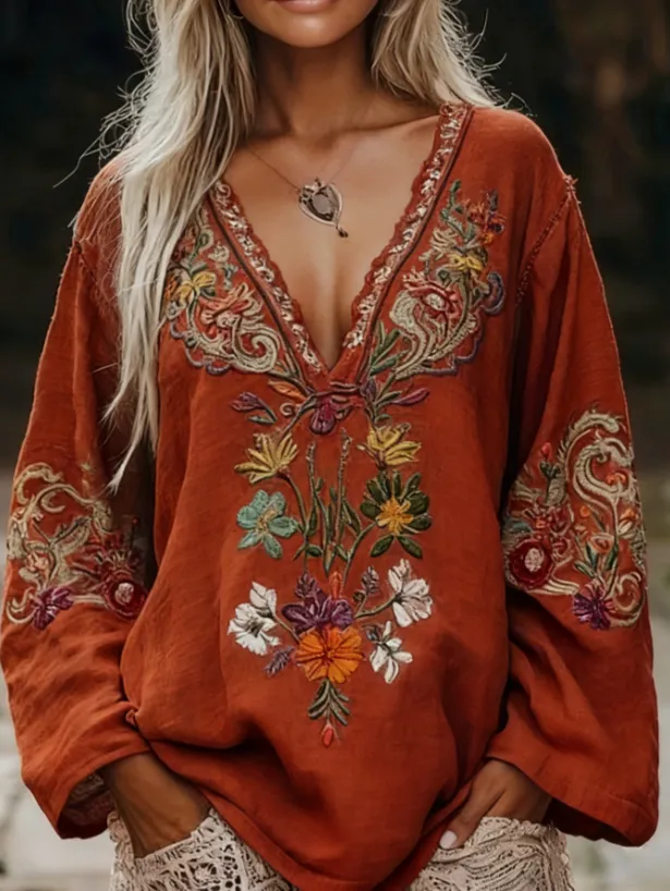 Retro Ethnic Style V neck Loose Top Style2 Xxl - Shop at LoveMi