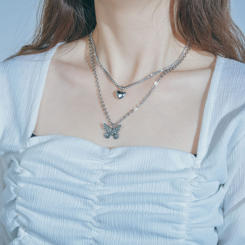 Stacked Butterfly Necklace Female Ins Cold Wind Simple Temperament Clavicle Chain