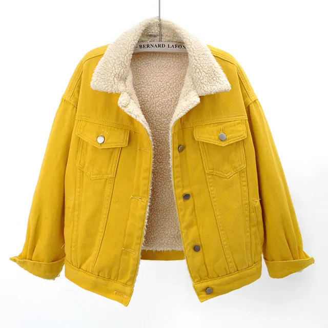 Lamb Wool Thickened Plus Velvet Denim Jacket Women Yellow - Shop at LoveMi