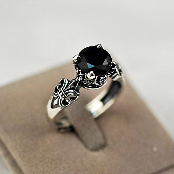 Title 4, 925 Thai Silver Crown Black Agate Diamond Ring