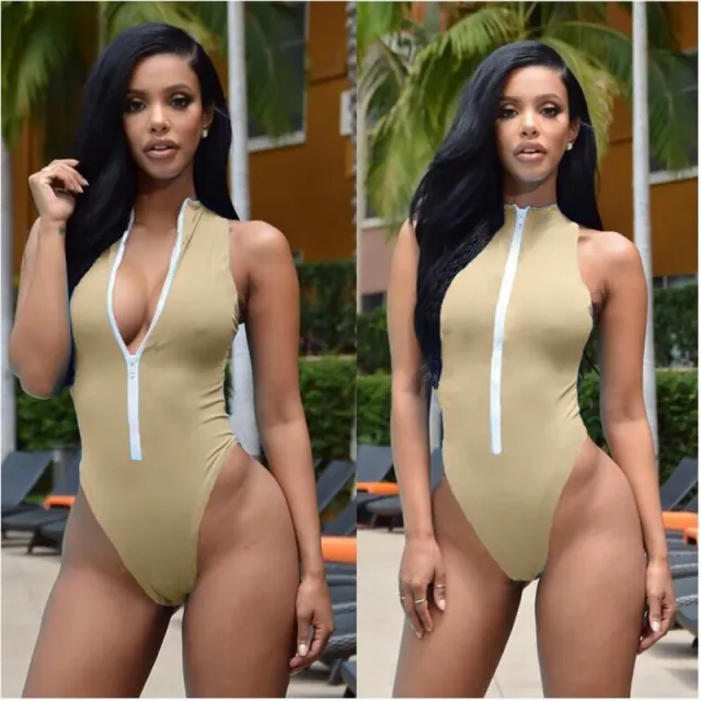 Gathered Sexy Bikini Ladies One Piece Zipper Swimsuit Khaki - Shop at LoveMi