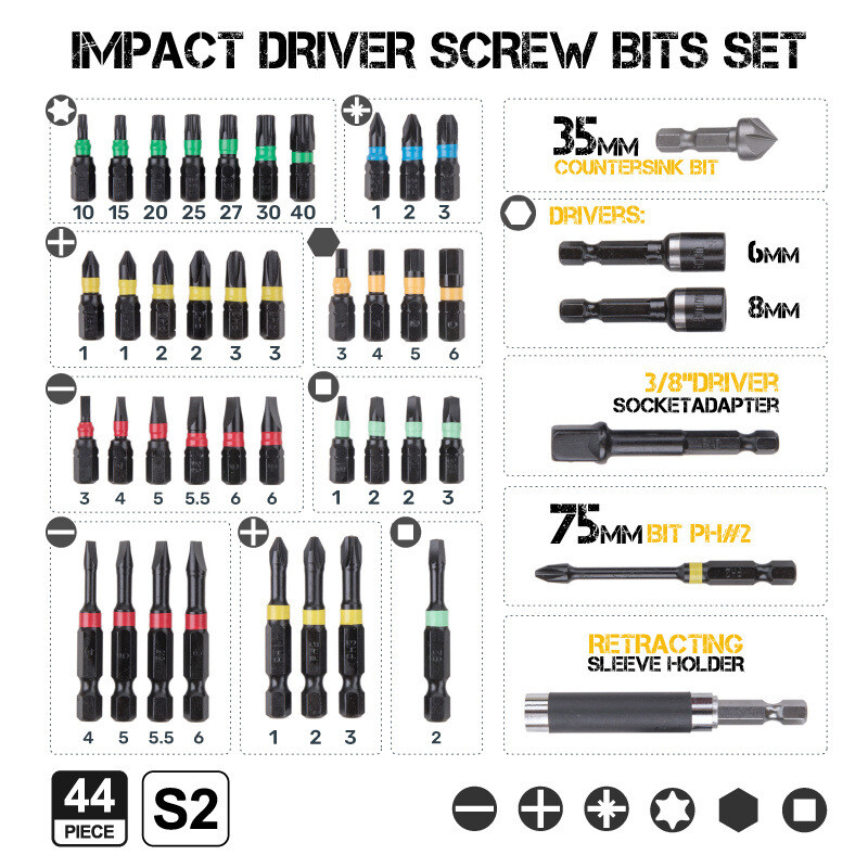 1 4 Impact Drill Screw Driver Nut Bit Magnetic Set Hex Shank 44X Hi Spec UK