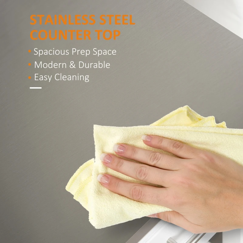 Kitchen Island With Stainless Steel Top, Traditional Kitchen Island With Storage, Butcher Block Cart 2-Tier Open Shelves, Drawers, White