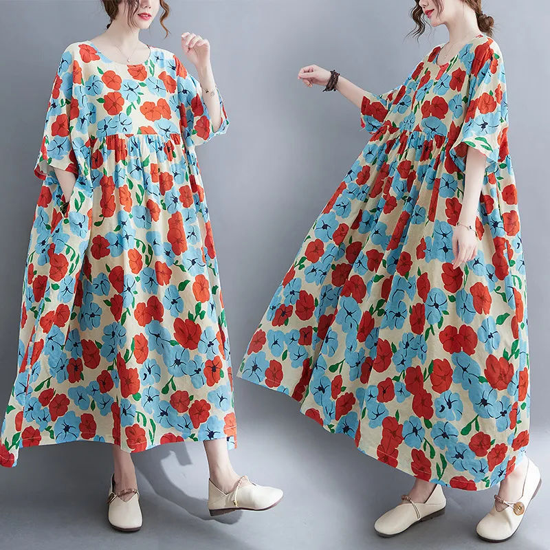 Artistic Large Size Loose Cotton And Linen Printed Short-sleeved Dress For Women