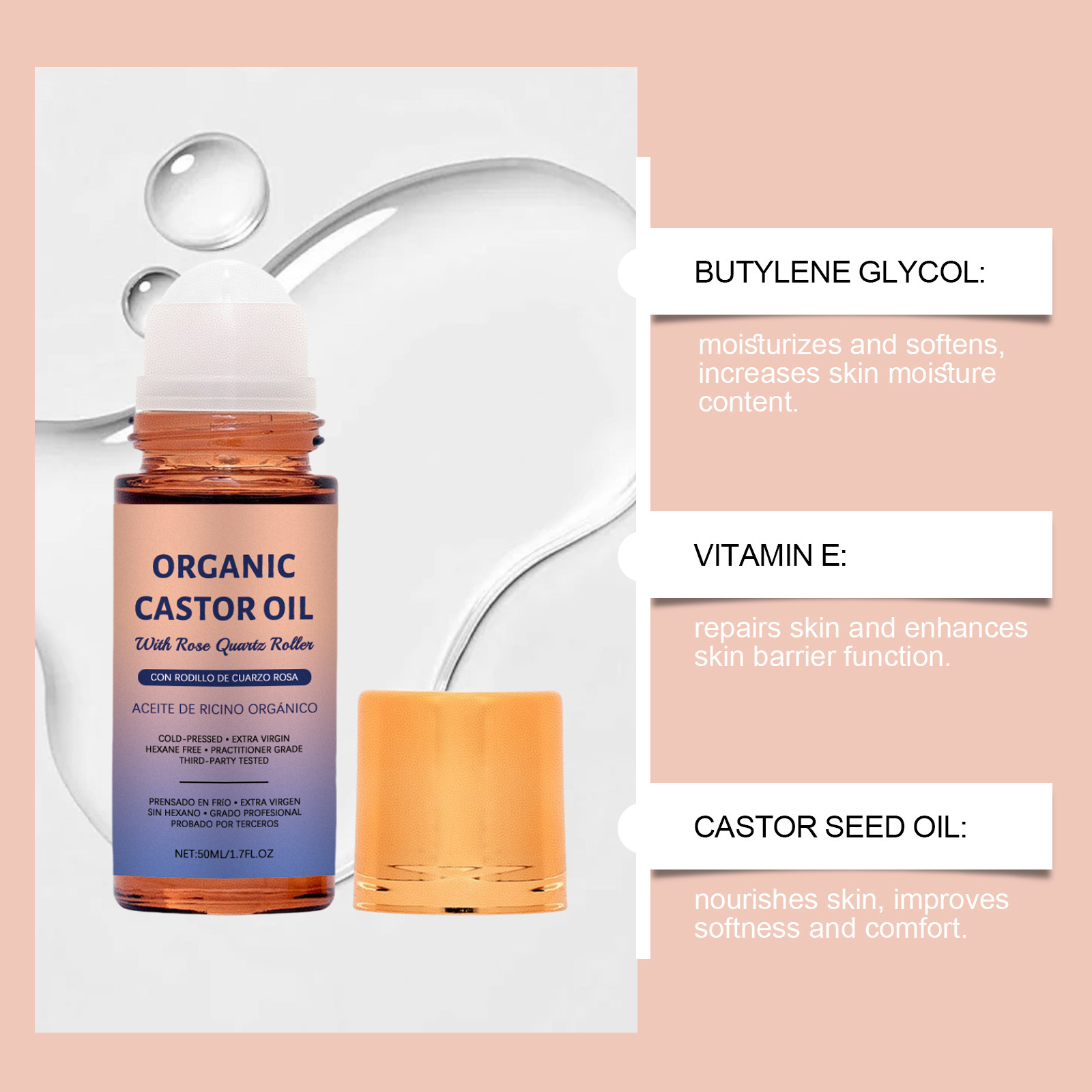 Organic Castor Oil Roller, Cold-Pressed Massage Oil