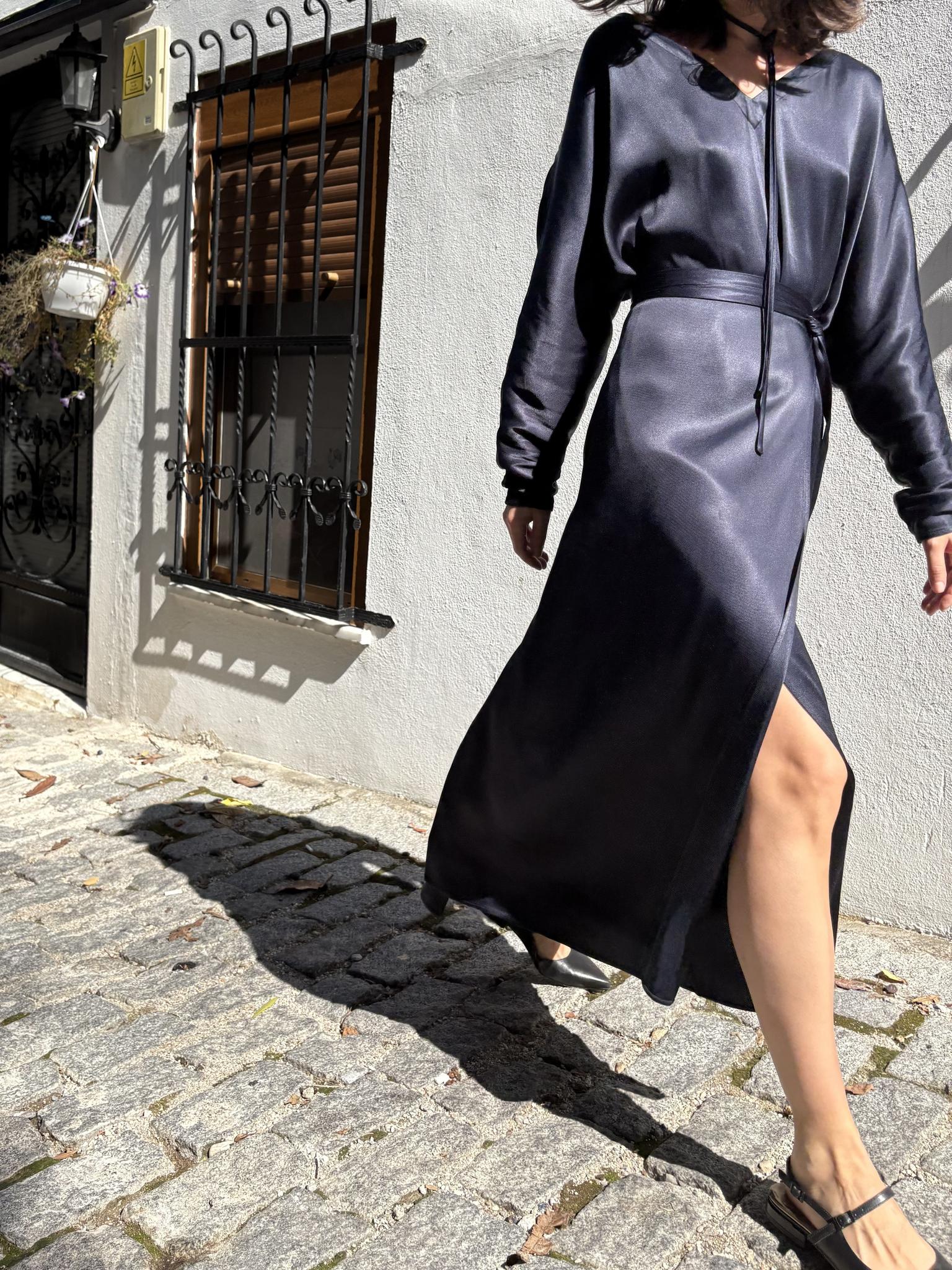 Navy Blue Satin Tie-Waist Slit Long Sleeve Maxi Dress