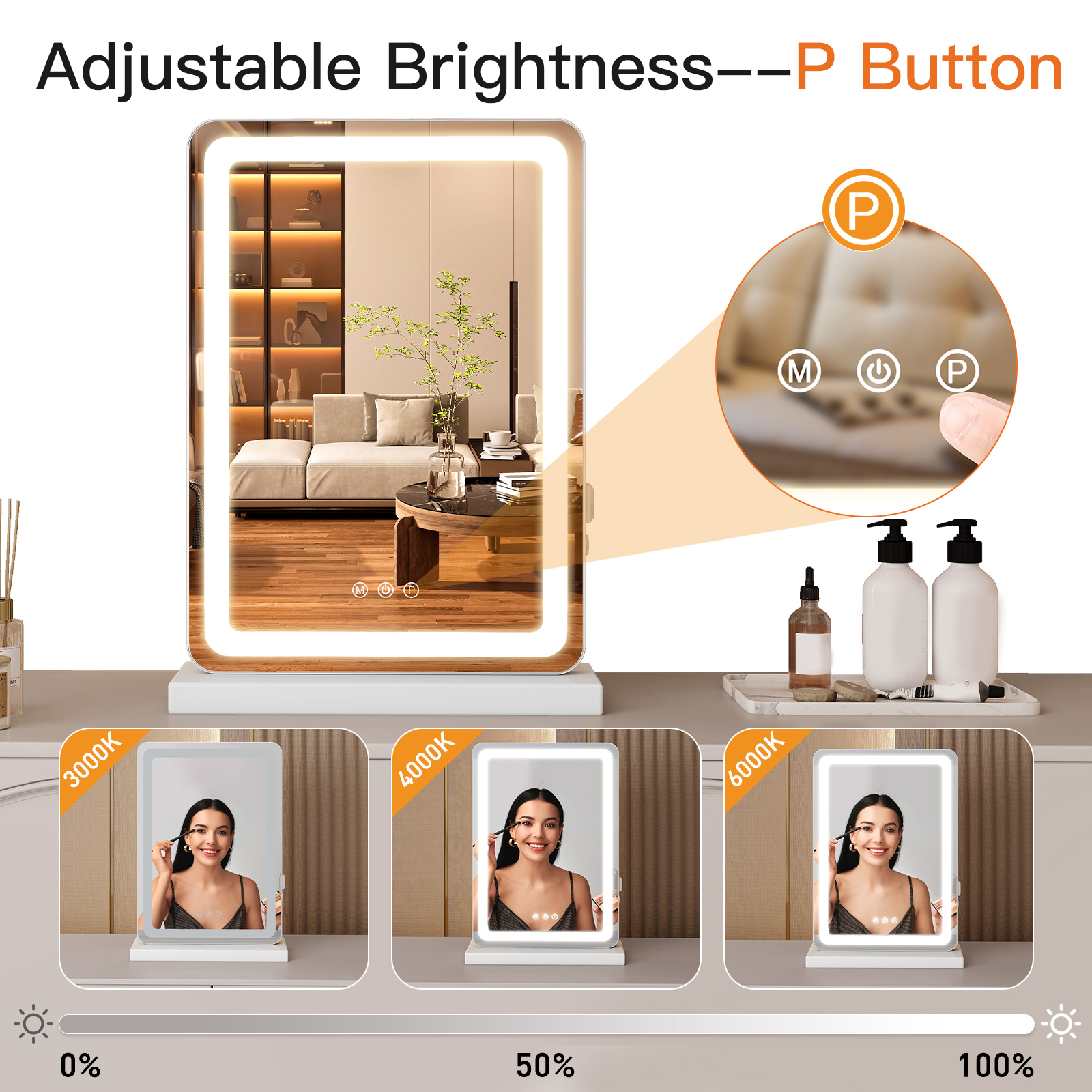 Vanity Mirror With Lights, LED Makeup Mirror With Dimmable 3 Color Modes, Touch Screen Control Vanity Based Mirror Desk Mirror Square White — foto 11