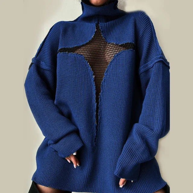 New Mesh Perspective Loose Knitted Hollow Sweater Women Blue - Shop at LoveMi