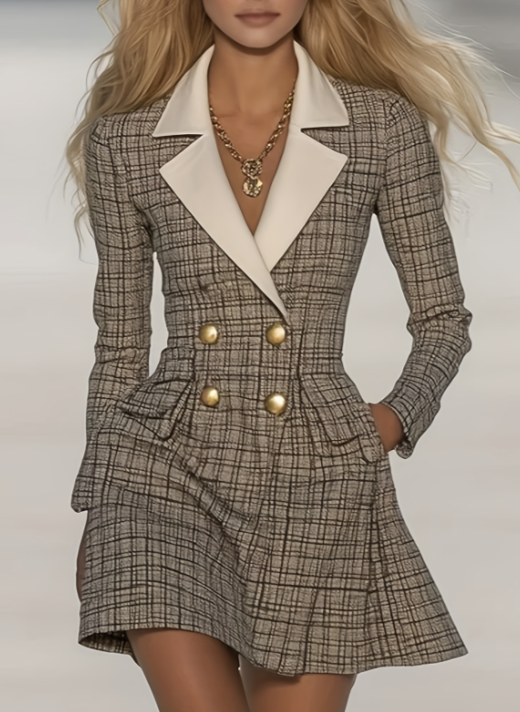 Plaid Color-blocked Lapel Double-breasted Fitted A-line Short Suit Skirt