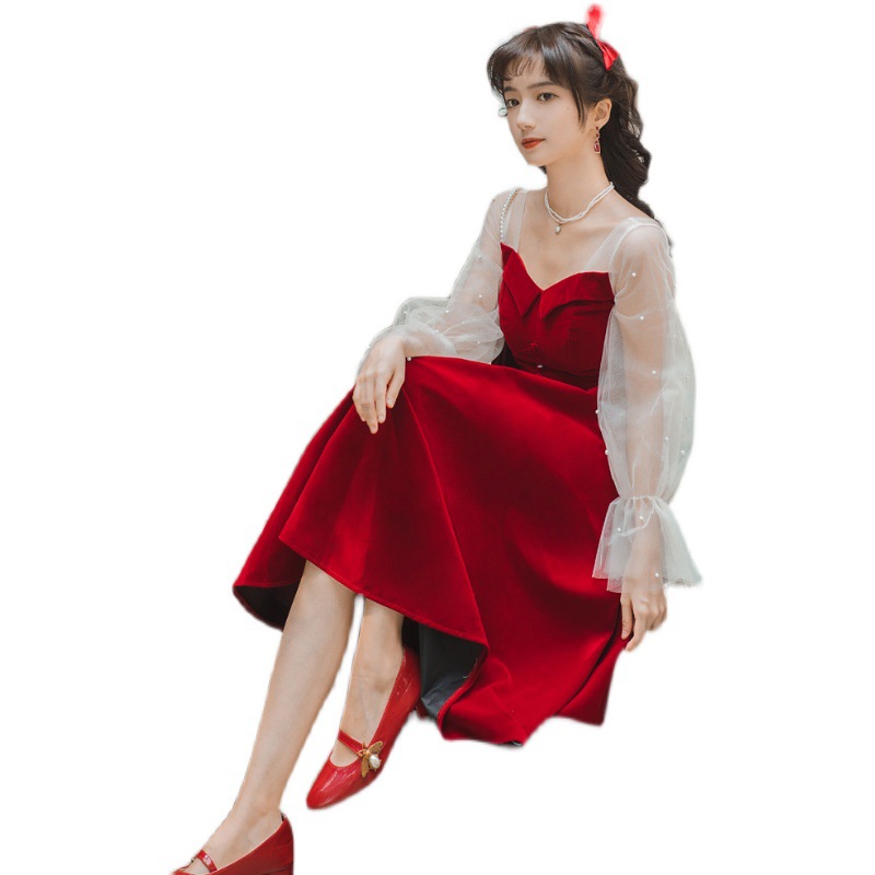 Niche Red Toast Dress Engagement Velvet Long-sleeved Dress