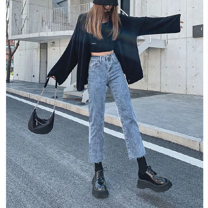 High Waist Slim Black Straight-leg Pants Cropped Jeans - Blue
