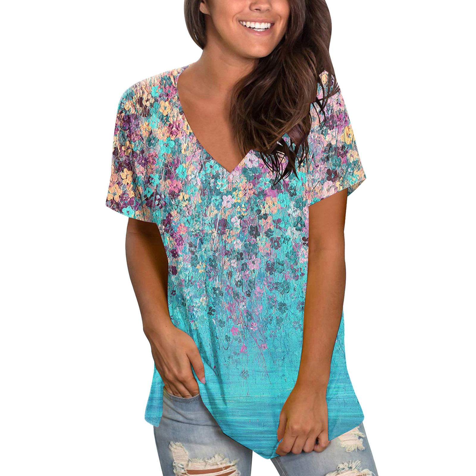 V-Neck Printed Short Sleeve Top Loose Women's