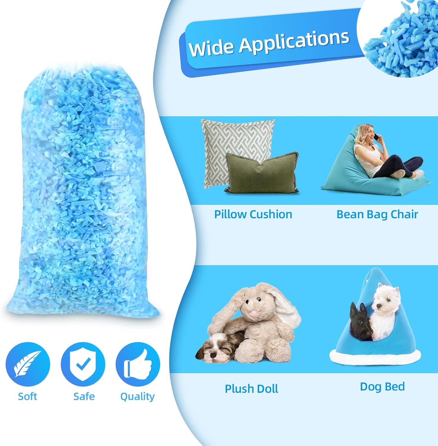 5lbs of shredded memory foam bean bag filler for bean bag chair, dog beds, cushions, and pillows with added gel particles.