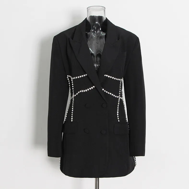 Stitching Double-breasted Personality Solid Colour Short Suit Dress - Black