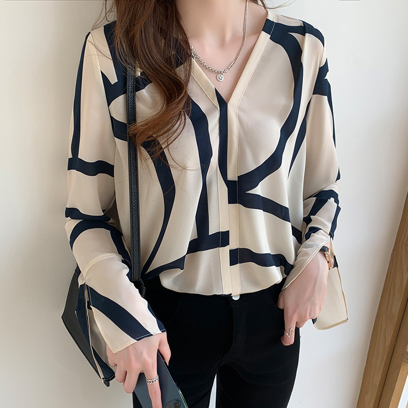 Women's Autumn V-neck Blouse Women's Niche Printing Long Sleeves