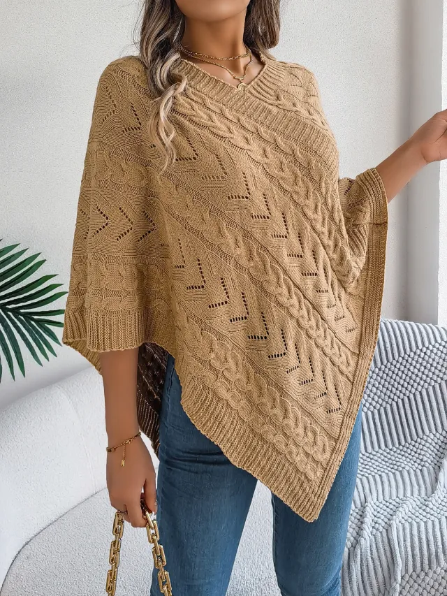 Casual Solid Color Cable Knit Loose Poncho Sweater Coat Khaki - Shop at LoveMi