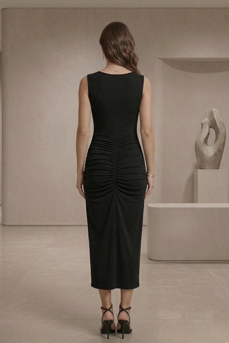 Women's Fitted Maxi Dress Casual And Formal Poly Blend Maxi Dress Evening Maxi DressDaily Wear Holiday Outfit ITY ROUND NECK RUCHED BUCKLE MIDAXI DRESS