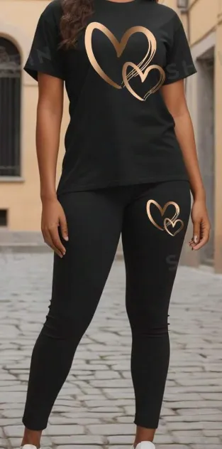 Slayr Women's Heart Printed Short Sleeve T Shirt And Leggings Set For New Year Clothes Black - Shop at LoveMi