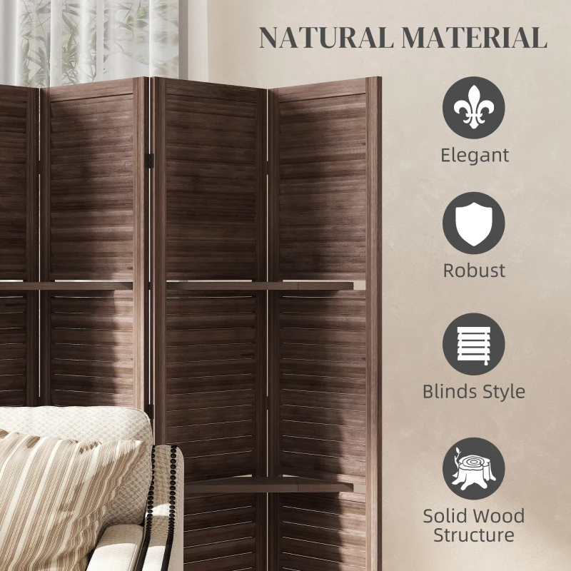 6 Panel Tall Wood Privacy Screen Room Divider With 3 Shelves And Folding Storage For Bedroom, Walnut
