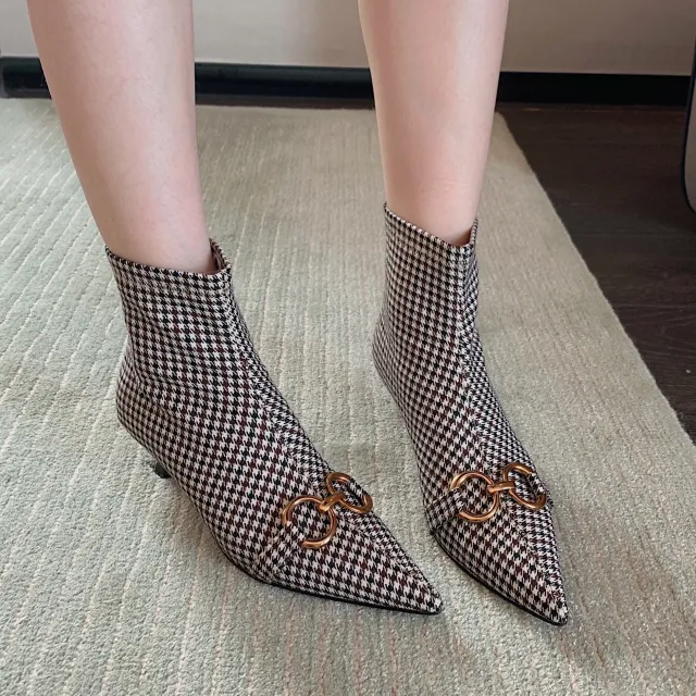Side Zipper Small Heel Houndstooth Fashion Boots Brown - Shop at LoveMi