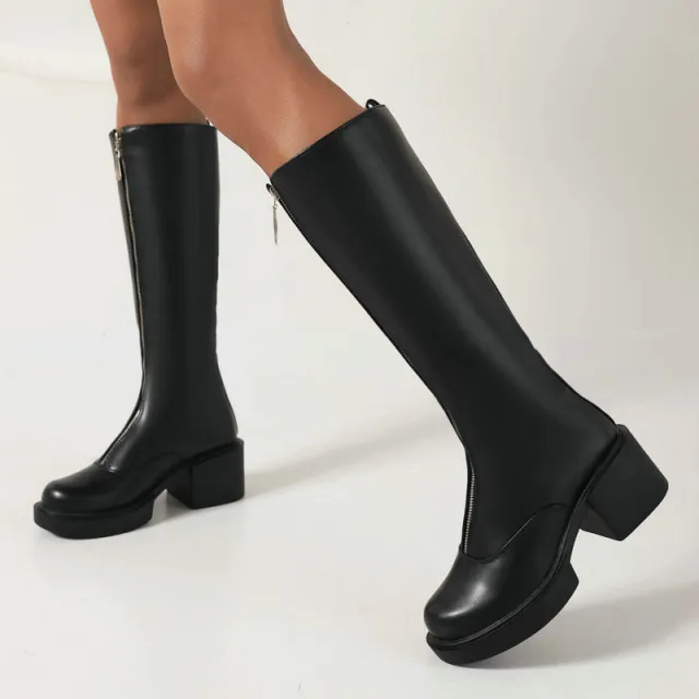 Women's Knight Martin Boots Round Toe Chunky Heel Front Zipper Black - Shop at LoveMi