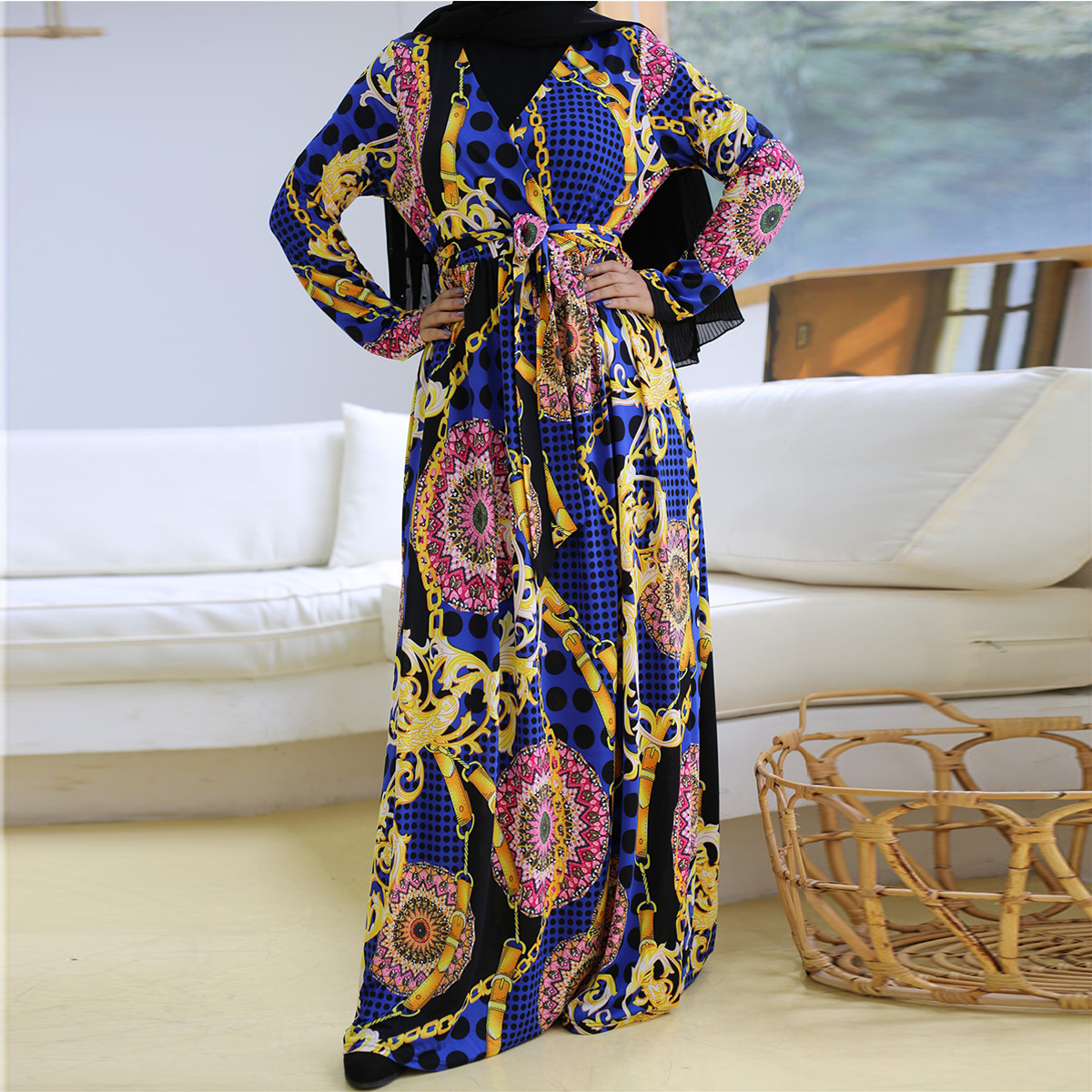 Women's Printed V-neck Long Sleeved Dress