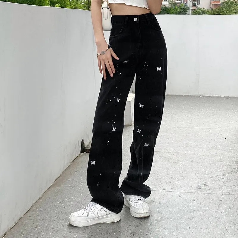 Butterfly Jeans Women's Straight Leg Loose Wide Leg Pants - Black