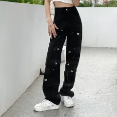 Butterfly Jeans Women's Straight Leg Loose Wide Leg Pants - Black - View 1