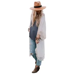Cotton Patch Embroidered Cardigan Bikini Swimsuit Jacket Beach Holiday Loose - White - View 1
