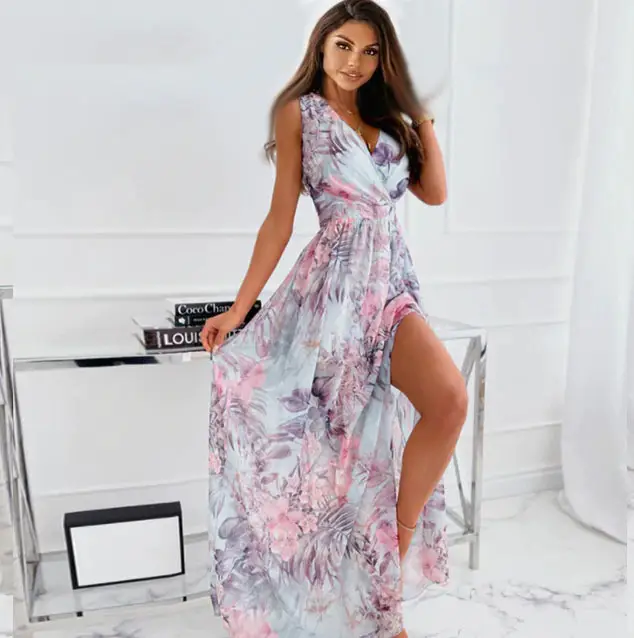 Summer Chiffon Print Lace-up Dress Sleeveless Women's