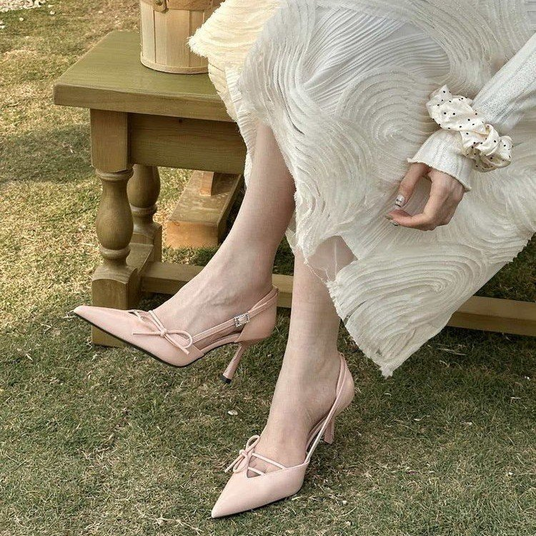 Women's Black Pointed Toe Stiletto Pumps Elegant Cutout Bow Closed Toe High Heels Spring Summer New