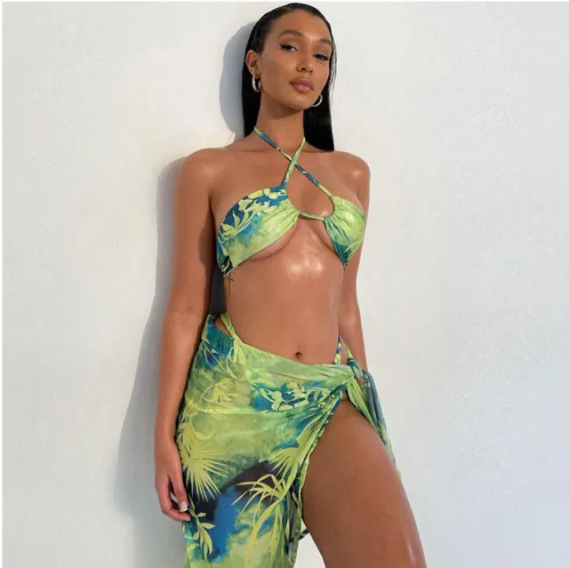 Three piece Print Wrap Chest Halterneck Vest Miniskirt Green - Shop at LoveMi