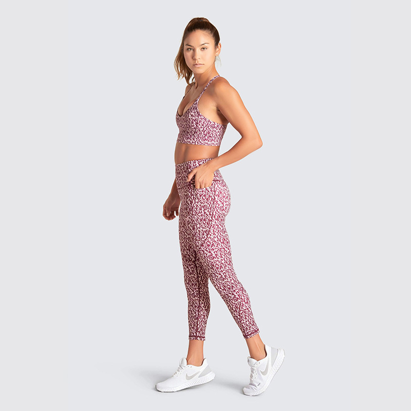 Printed Pocket Halter Bra Trousers Sports Fitness Yoga Suit Shockproof Running Suit Women