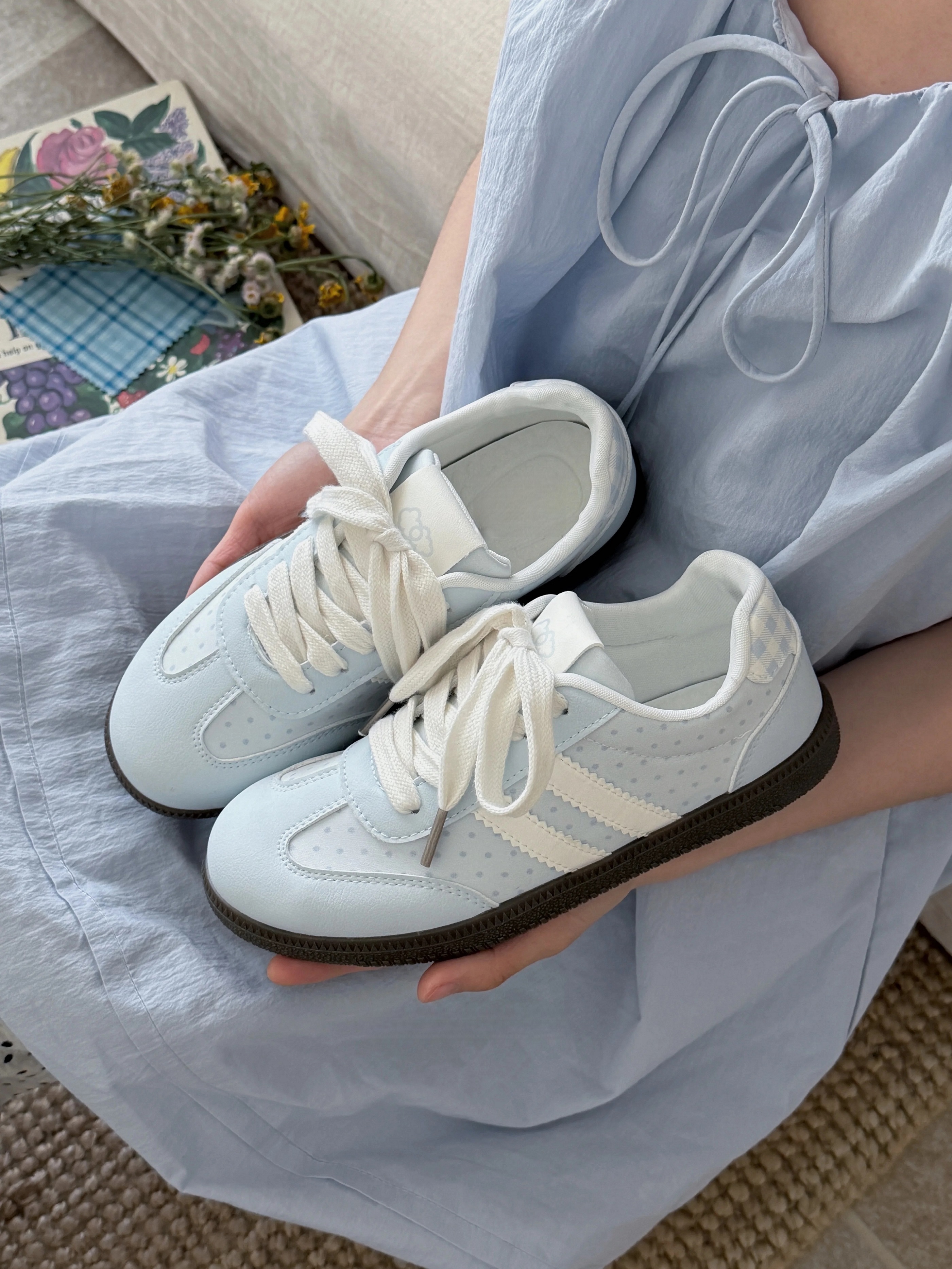 Women Pastel Baby Blue Polka Dot Retro Sneakers, Two White Stripe Plaid Heel Patch Soft Leather Lace Up Lightweight Casual Daily Walking Athletic Trainers