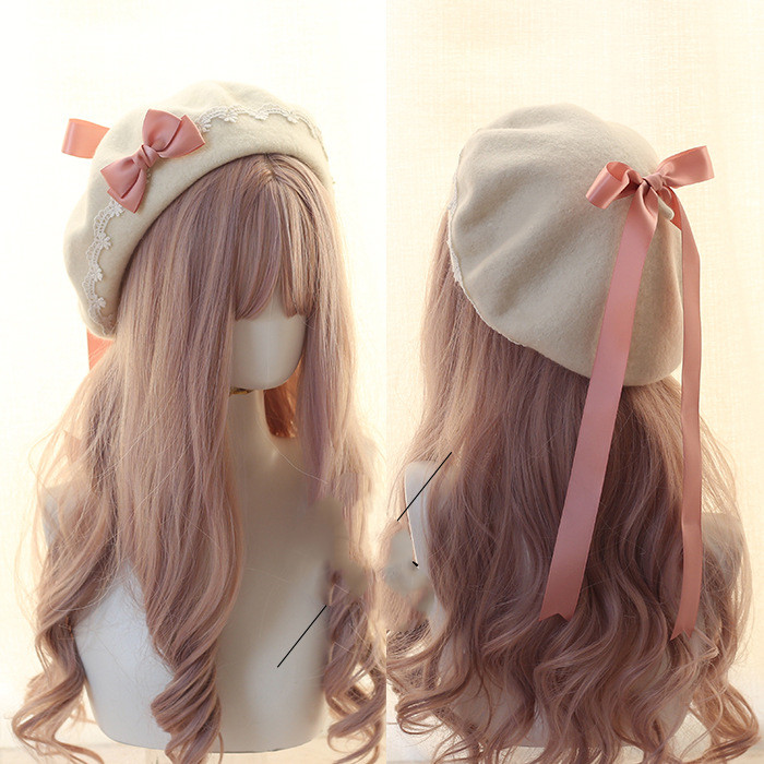 Korean pink bow beige hat