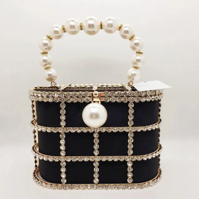 Hollow Pearl Buckle Birdcage Clutch Black - Shop at LoveMi