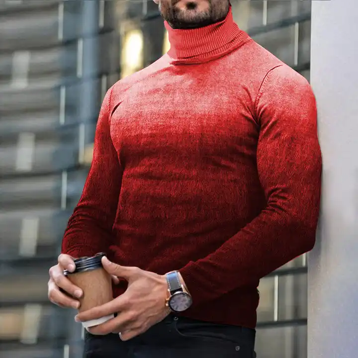Autumn Winter Men's Long Sleeve Turtleneck T Shirt Printed Casual Top