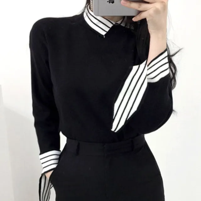 Slim Fit Cuff Taped Striped Contrast Pullover Sweater Top Black - Shop at LoveMi