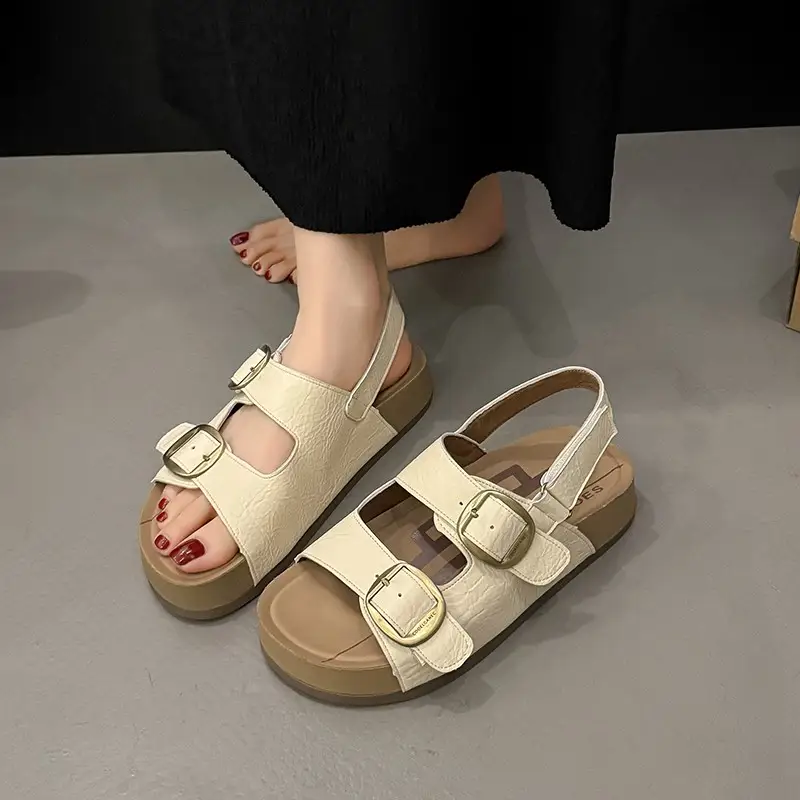 Women Minimalist Dual Wide Strap Double Metal Buckle Platform Slingback Sandals Matching Casual Daily