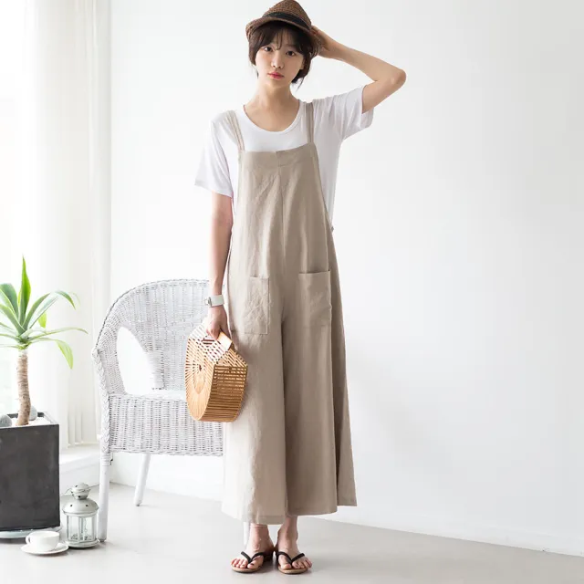 New Loose Casual Wide Leg Cotton Hemp Sling Jumpsuit Khaki - Shop at LoveMi