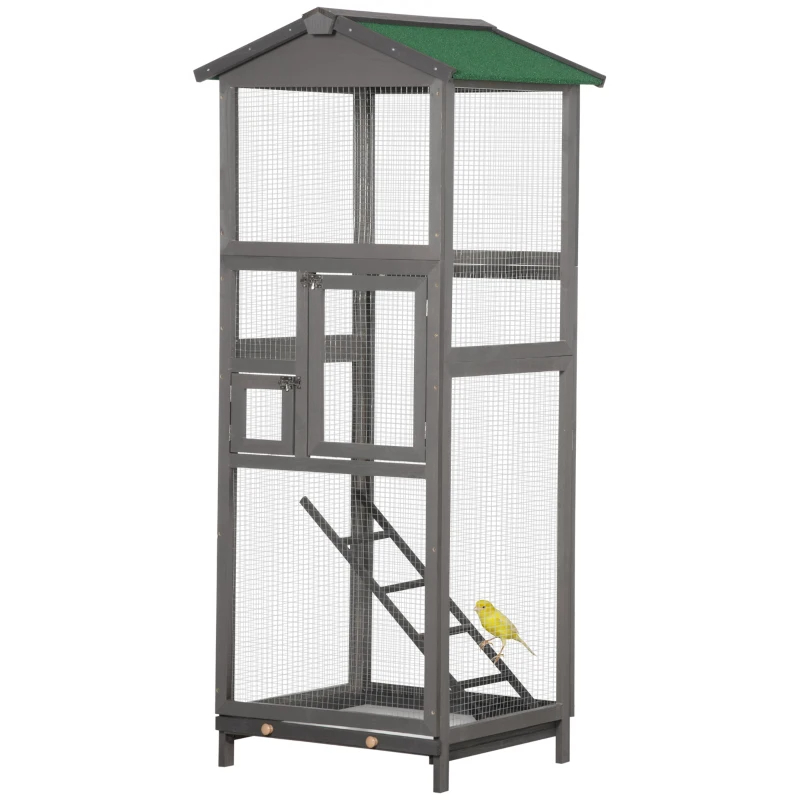 Wooden Bird Cage Outdoor Aviary House For Parrot, Parakeet, With Pull Out Tray And 2 Doors, Grey