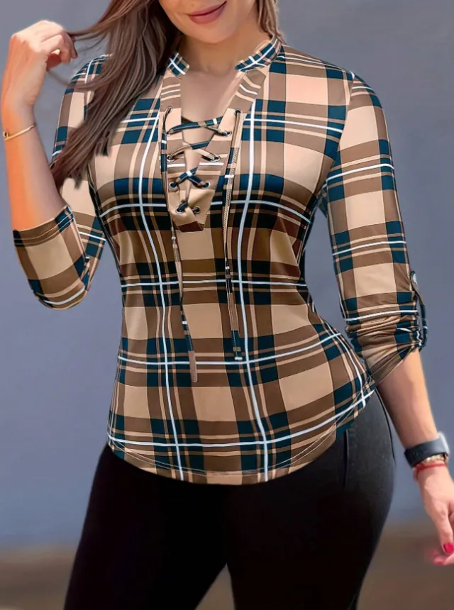 Women's Plaid Notch Neck Criss Cross Tie Short Sleeve T Shirt Brown - Shop at LoveMi