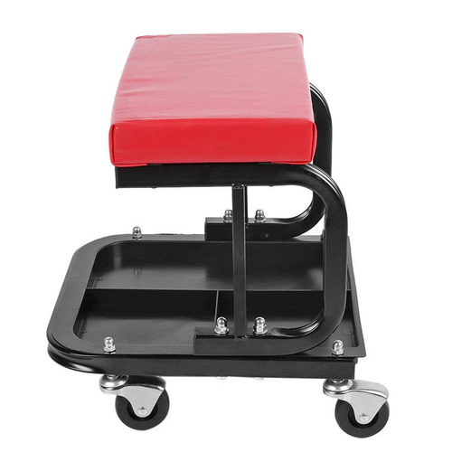 Rolling Creeper Seat, Auto Workshop Mechanic Stool With 4x Swivel Wheels & Divided Tool Tray For Garage Car Repair Red 36x35x35cm